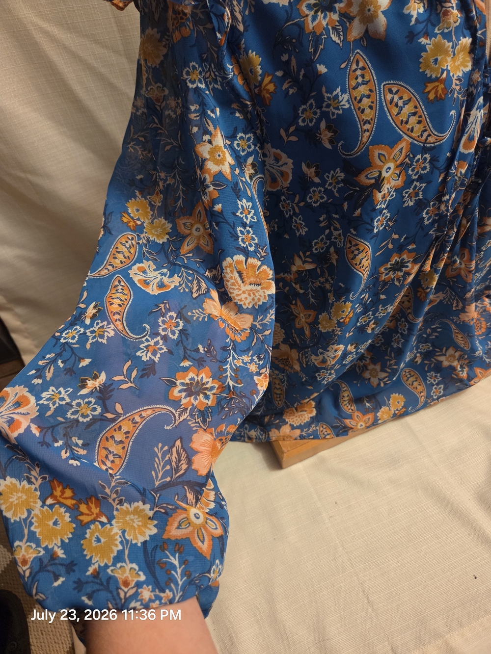 Women’s Blue Floral Paisley Tie-Neck Blouse - Picture 3 of 8